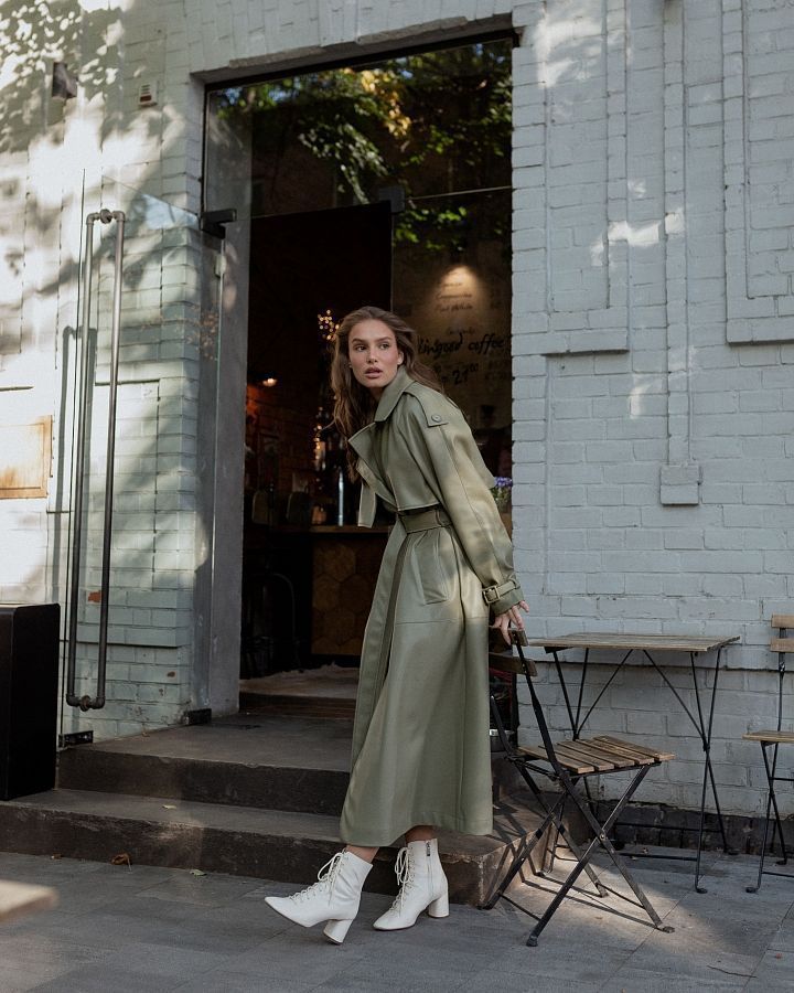 Olive green eco-leather trench coat on suede С0321/2  № 2