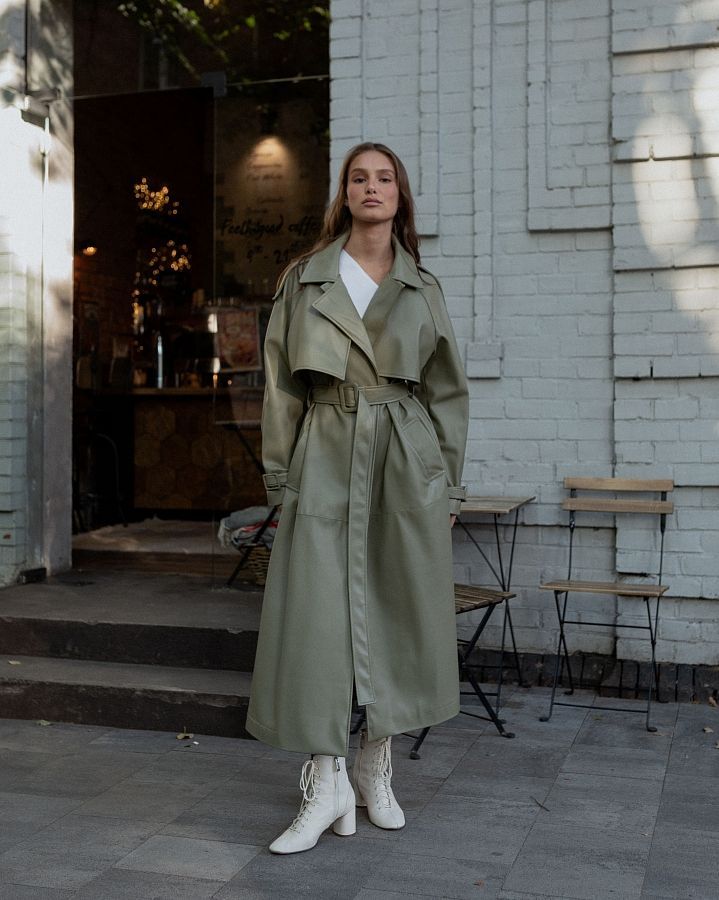 Olive green eco-leather trench coat on suede С0321/2  № 1