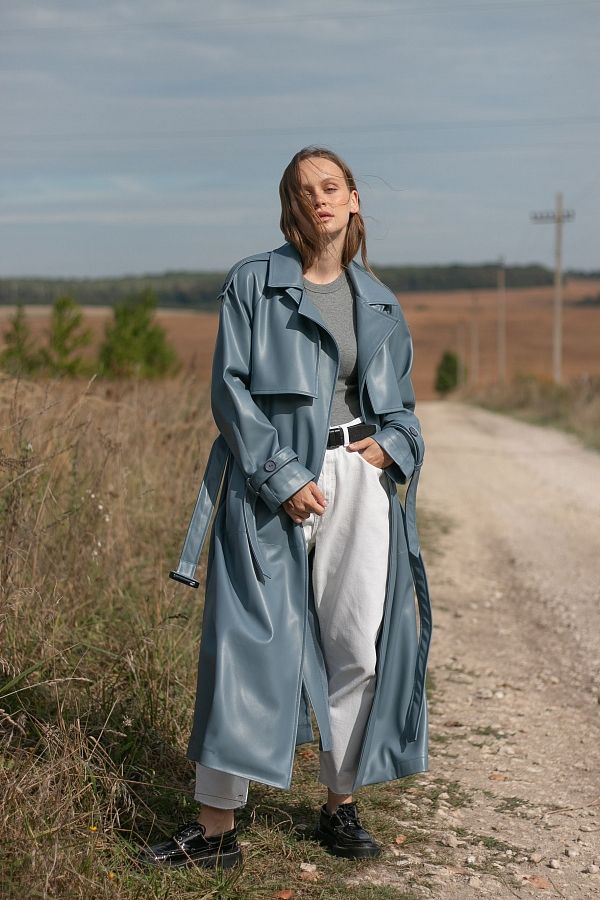 Blue eco-leather trench coat on suede С0321/18  № 3