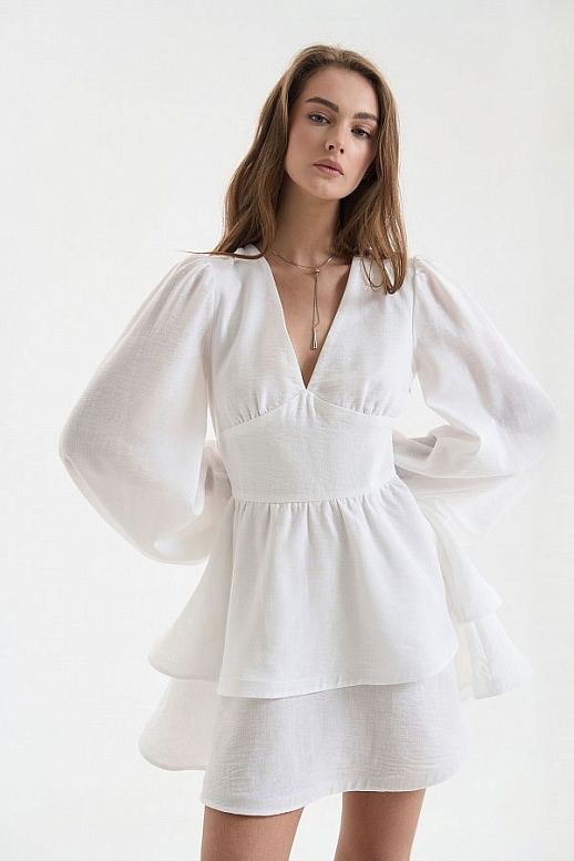 Linen dress with double skirt ivory