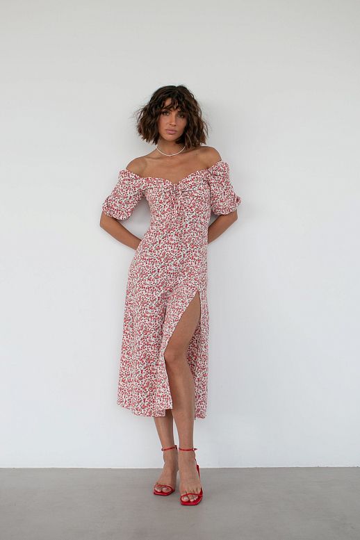 Midi dress with slit short sleeves ivory with red flowers - №2