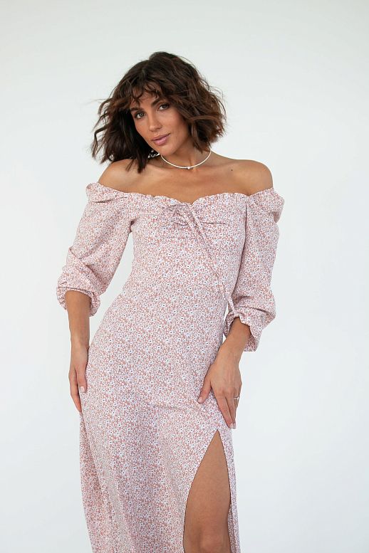 Midi dress with slit and long sleeves beige - №2