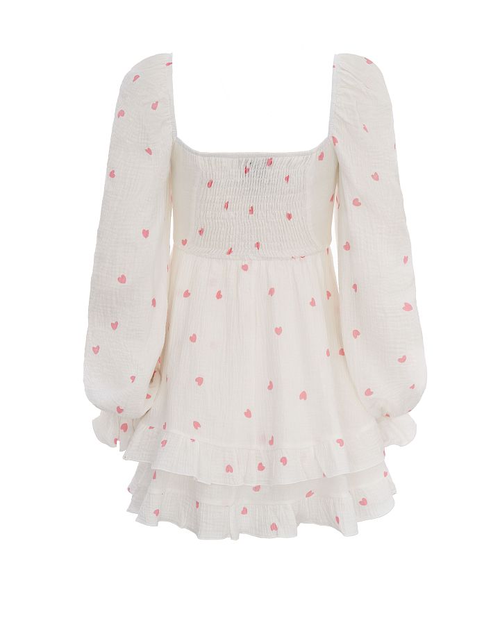 Muslin mini dress with frills white in pink hearts D00923/11 № 2