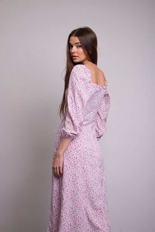 Midi dress with slit and long sleeves ivory with pink flowers