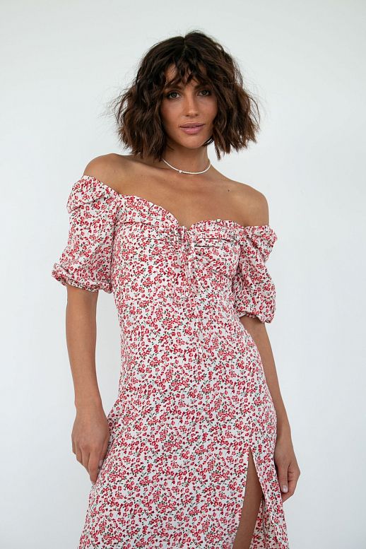 Midi dress with slit short sleeves ivory with red flowers