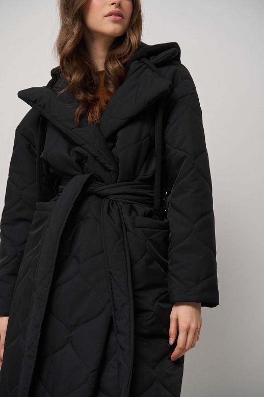 Long black coat with strap and detachable hood