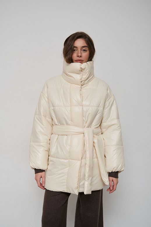 Elongated high collar coat ivory with buttons