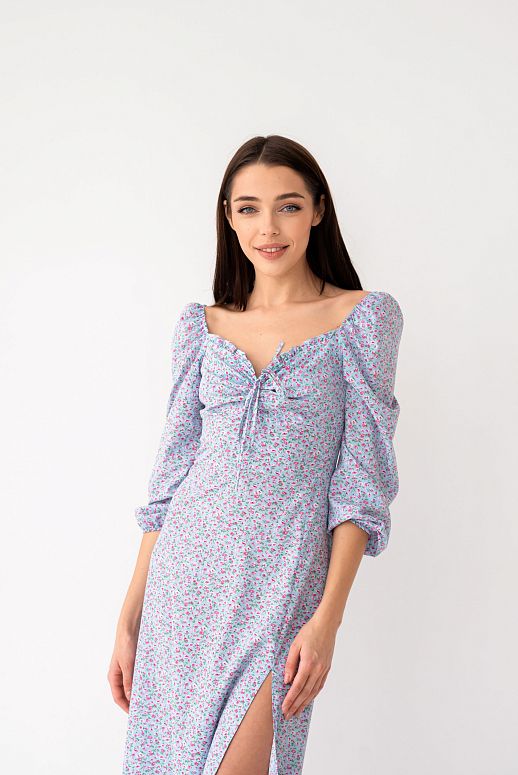Midi dress with slit and long sleeves blue with pink flower - №2