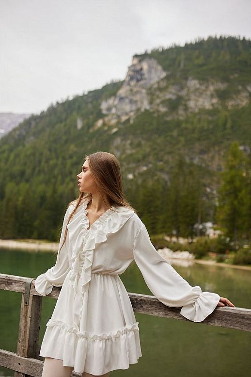 Mini dress white with flounces - №2