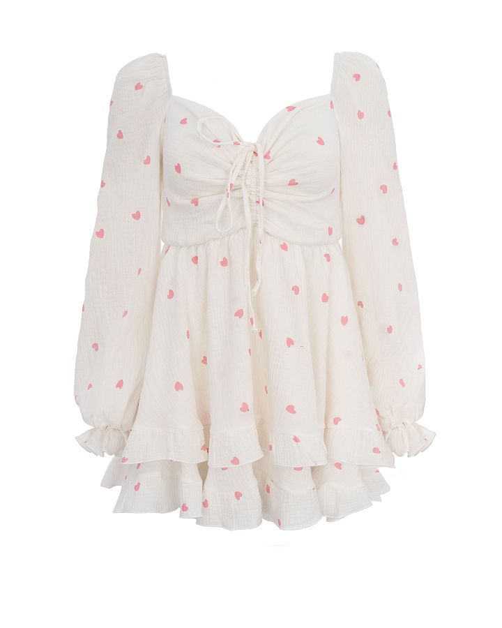 Muslin mini dress with frills white in pink hearts D00923/11 № 1
