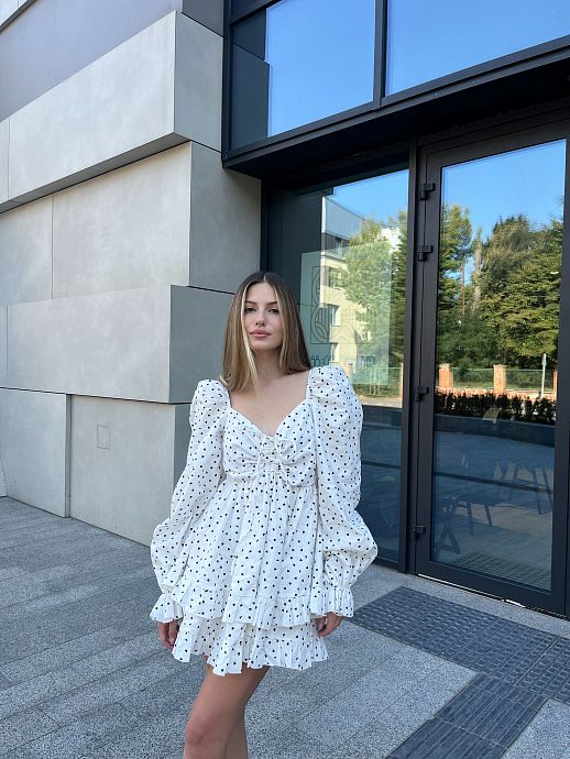Cotton dress white with black hearts - №2