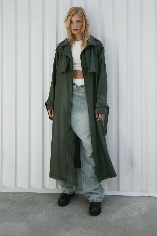 Dark green eco-leather trench coat on suede С0321/8  № 1