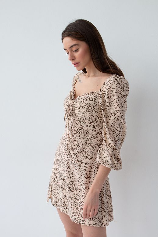 Beige mini dress in dots with slit - №2
