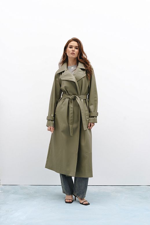 Maxi trench eco-leather on suede without patches olive - №2