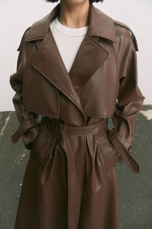 Brown eco-leather trench coat on suede - №2