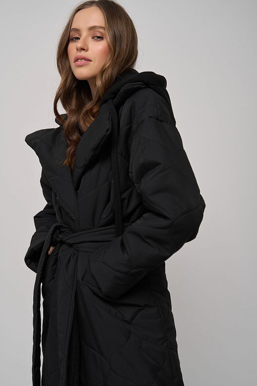 Long black coat with strap and detachable hood - №2