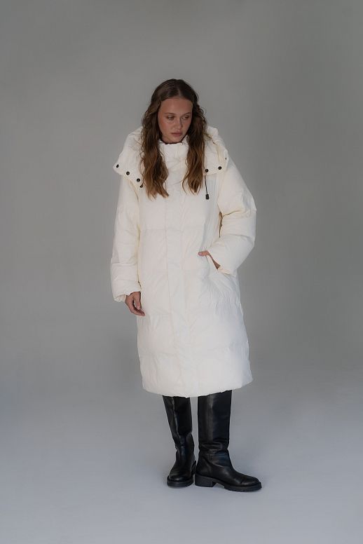 Long ivory down jacket with hood 