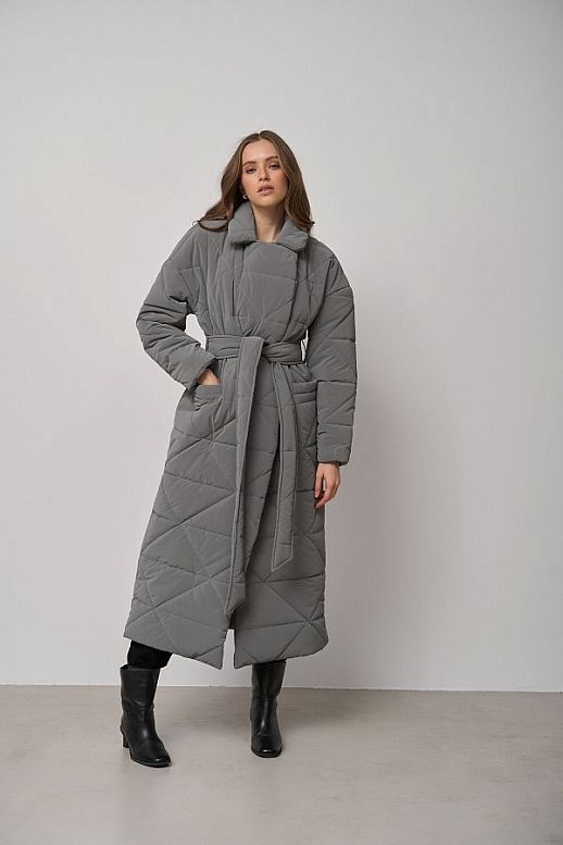 Long quilted coat gray with triangle pattern - №2