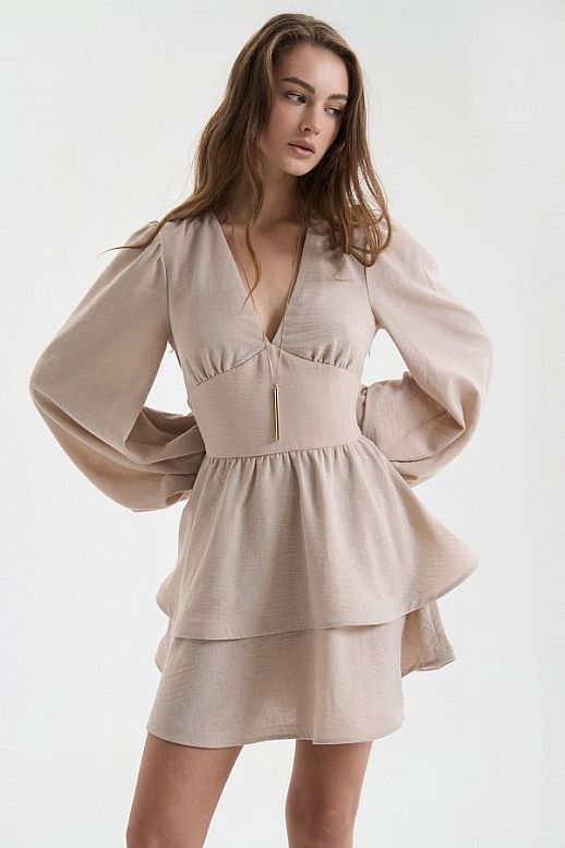 Linen dress with double skirt beige