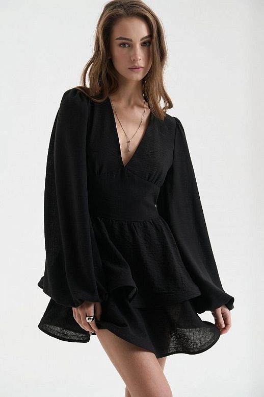 Linen dress with double skirt black