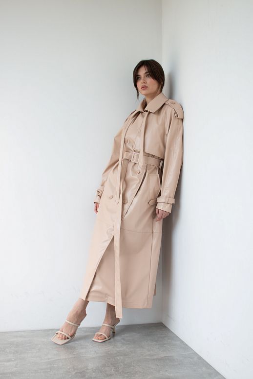 Beige eco leather trench on fabric base with patches