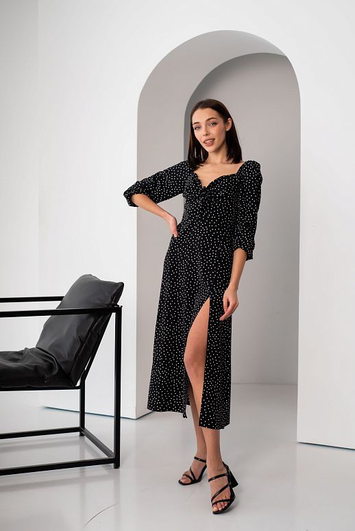 Midi dress with slit and long sleeves black in white dots