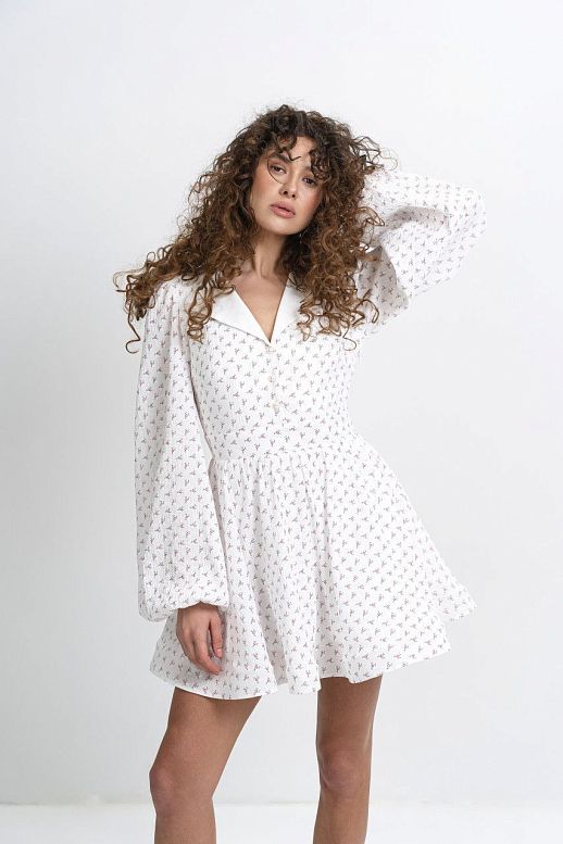 Linen dress with collar white with micro red flowers