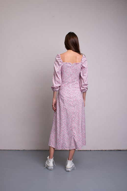 Midi dress with slit and long sleeves ivory with pink flowers - №2