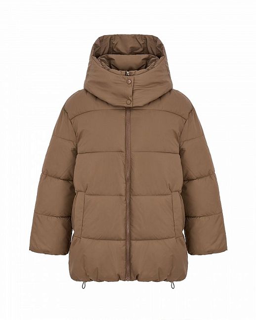 Lengthened beige down jacket with hood 
