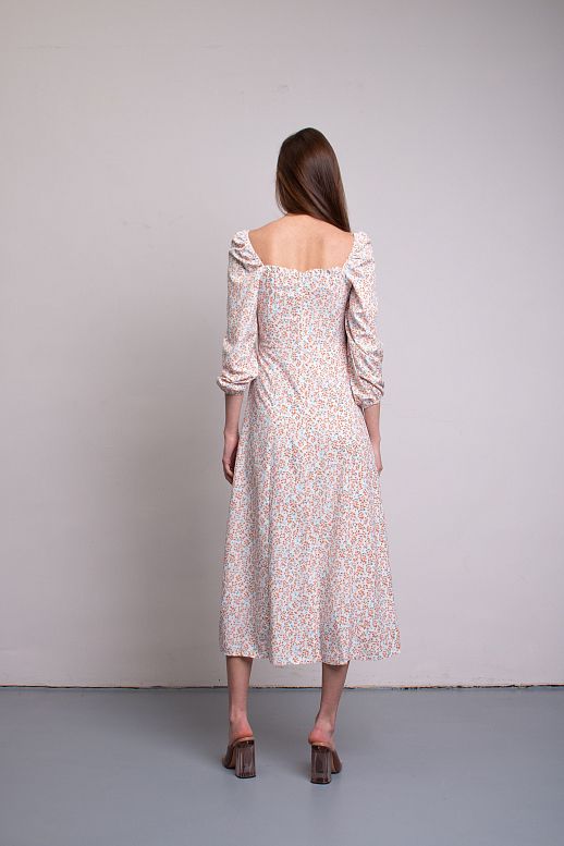 Midi dress with slit and long sleeves ivory with orange flowers - №2