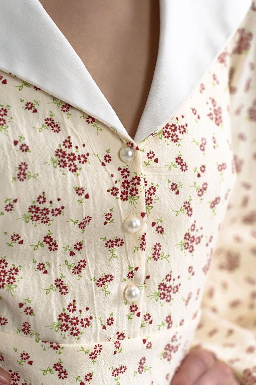 Linen dress with collar light yellow with red flowers - №2