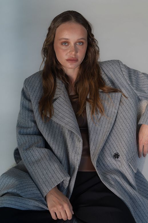 Gray insulated overcoat with stripes