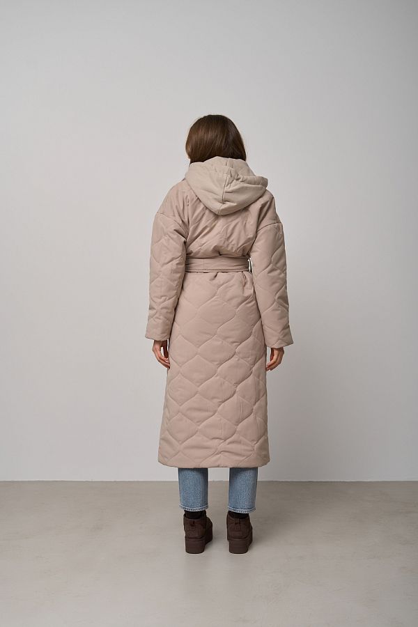 Long light beige coat with strap and detachable hood K0722/21  № 3