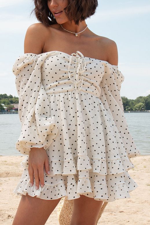Mini muslin dress with frills ivory in black peas