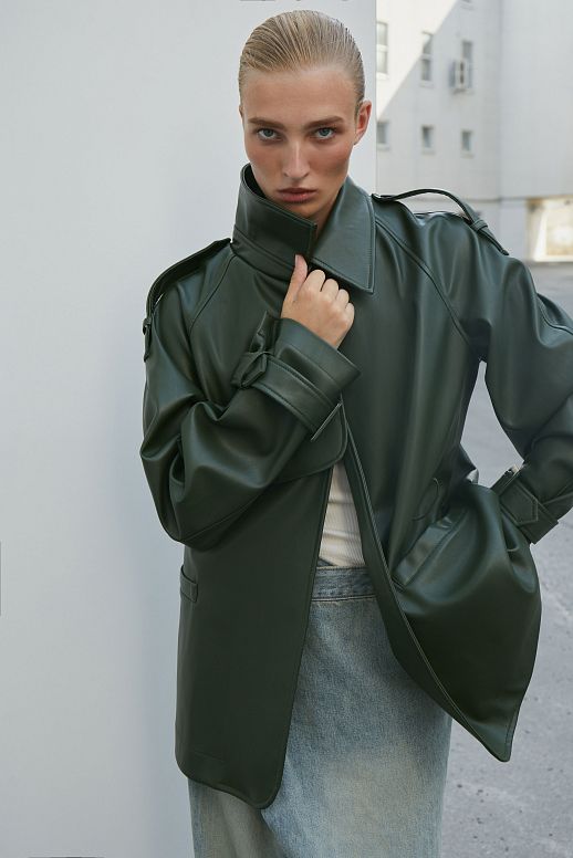 Short eco-leather trench with belt dark green - №2