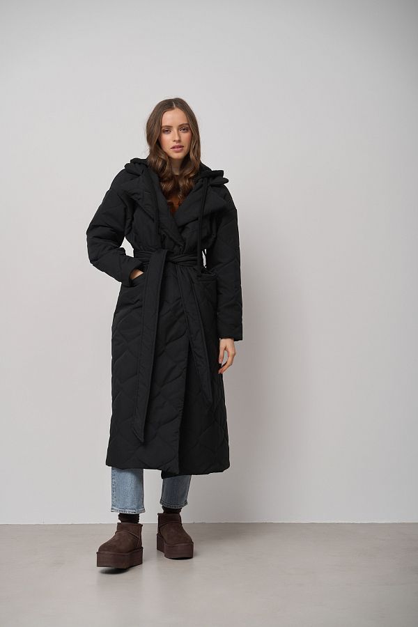 Long black coat with strap and detachable hood K0722/23  № 4