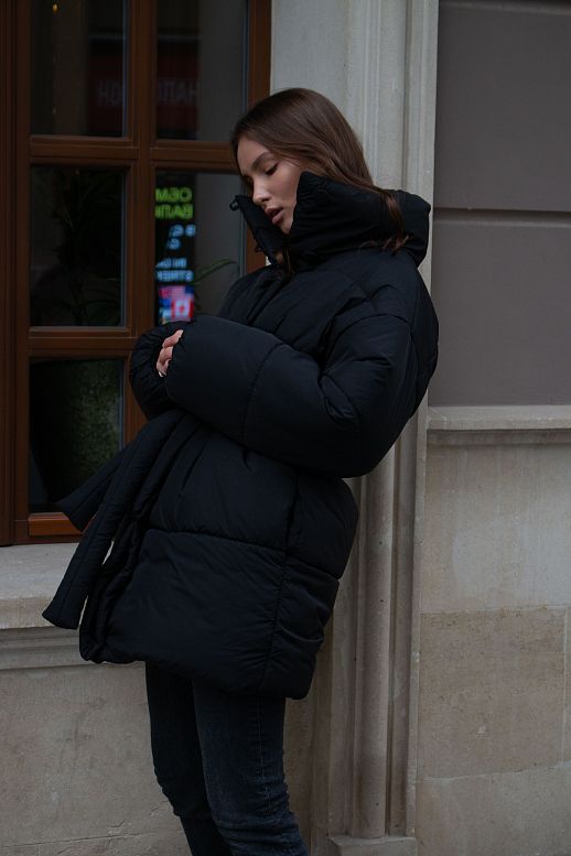 Elongated high collar coat black with buttons - №2