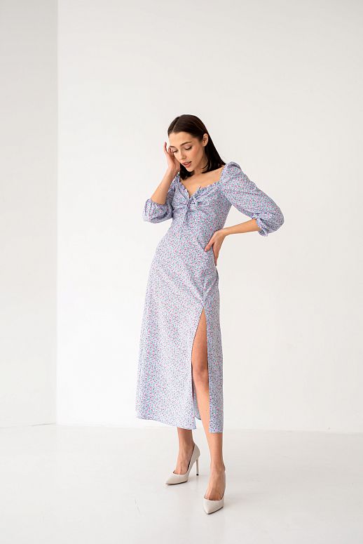 Midi dress with slit and long sleeves blue with pink flower