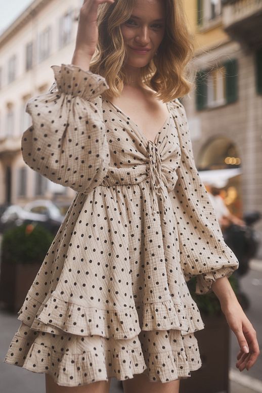 Mini muslin dress with frills beige in black peas - №2