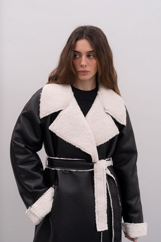 Sheepskin coat black with ivory fur - №2