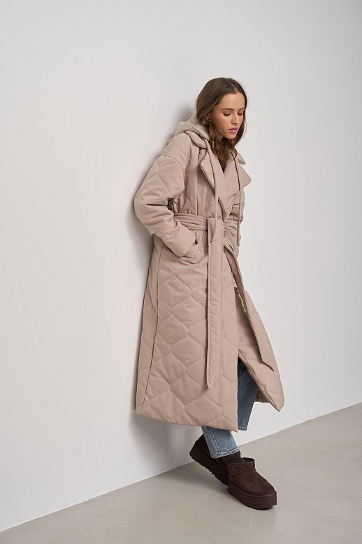 Long light beige coat with strap and detachable hood