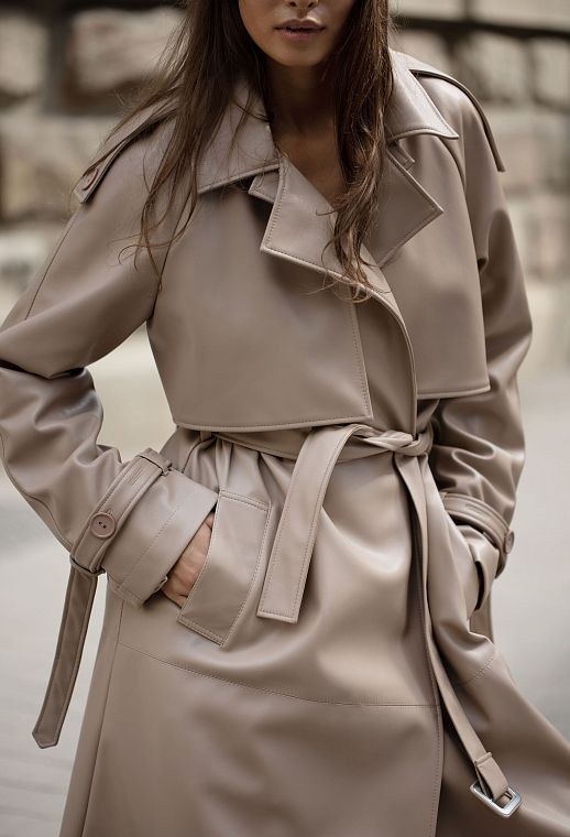 Beige eco-leather trench coat on suede - №2