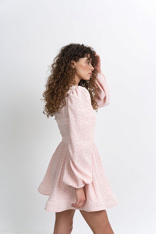 Linen dress with collar light pink with micro white flowers - №2