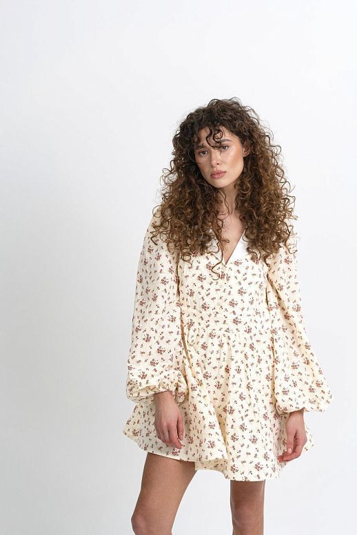 Linen dress with collar light yellow with red flowers