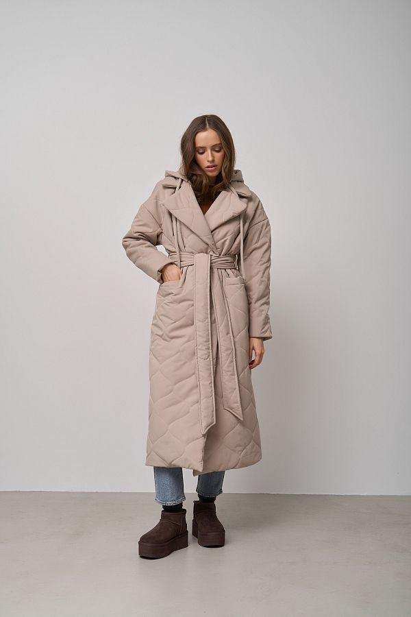 Long light beige coat with strap and detachable hood K0722/21  № 4