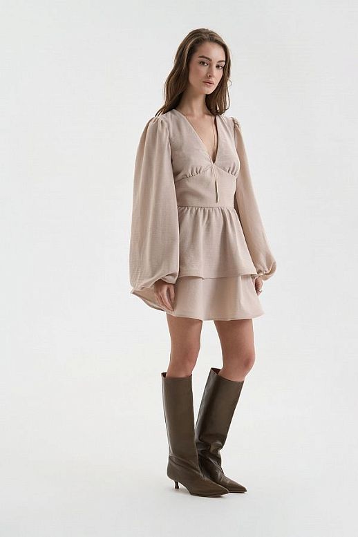 Linen dress with double skirt beige - №2