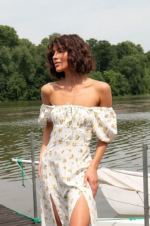 Midi dress with two cuts ivory with yellow flowers