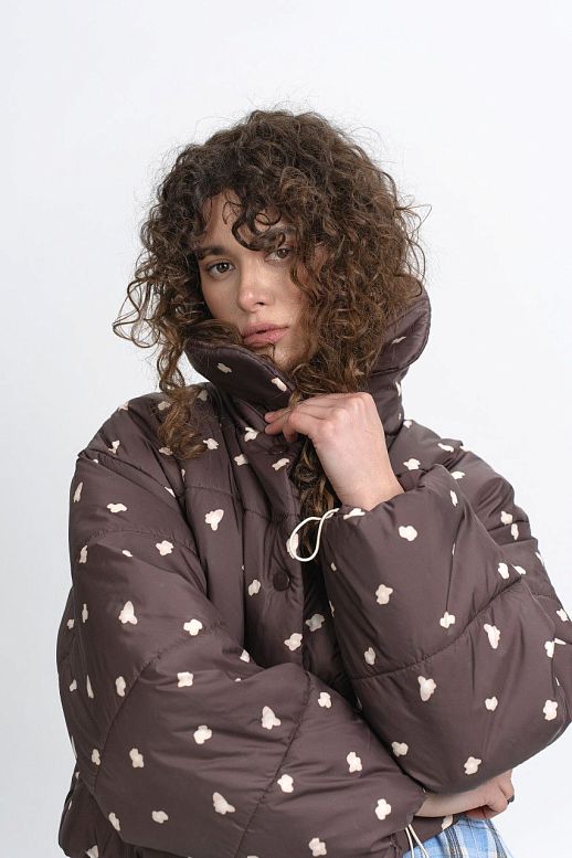 Short coat with collar chocolate with flowers - №2