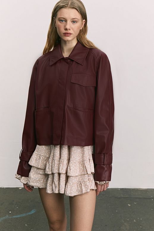 Burgundy short eco-leather trench coat on suede - №2