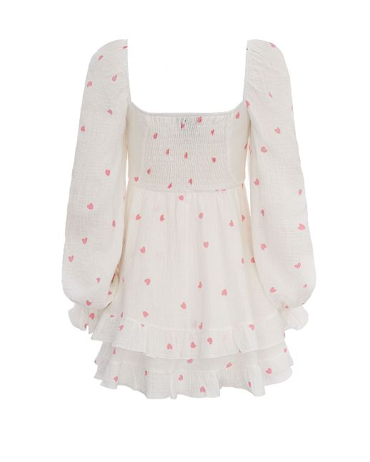 Muslin mini dress with frills white in pink hearts